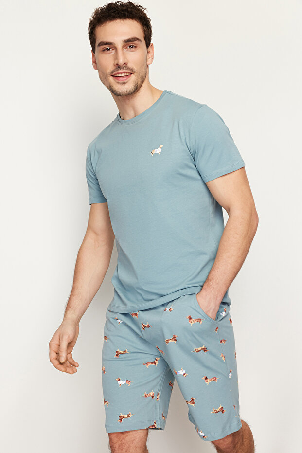 Unisex Mavi %100 Pamuk Regular Fit Baskılı Örme Şortlu Yazlık Pijama Takımı THMSS21PT0920 - 1