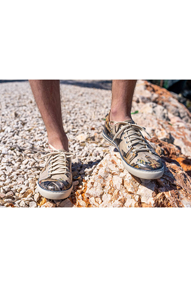 Men's Vegan Leather Beige Sneakers - Time To Ring The Bells Design