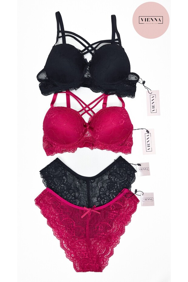 Women's Black-Courry Filled Lace Underwire Bra Set 2 Pieces - Dowry Package - Gift - Boxed