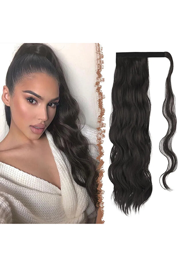 Dark Brown Tied Ponytail Hair Hook and Loop Hairpiece - Heat Resistant