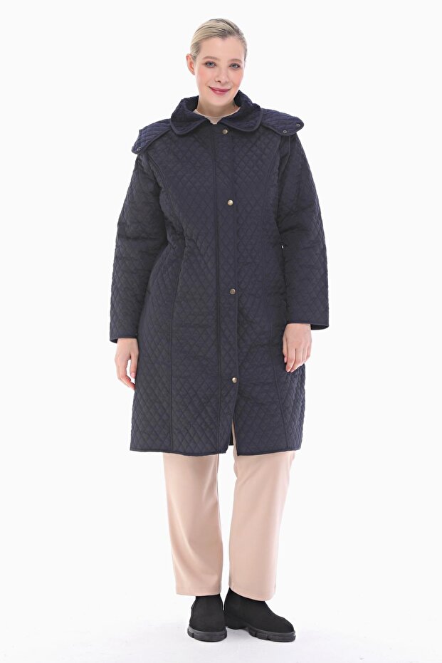 Women's Large Size Hooded 105 Cm Navy Blue Quilted Coat 1018