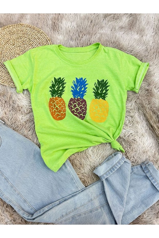 Girl's Pineapples Printed Neon Green Kids T-Shirt