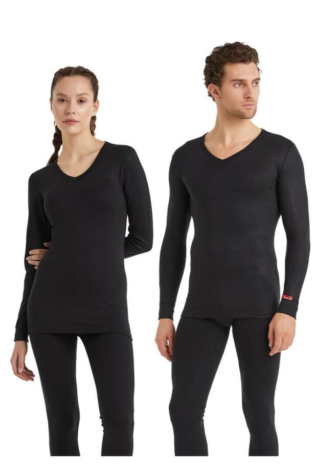 V-Neck Long Sleeve Black Unisex Thermal Underwear C7T5N2O1