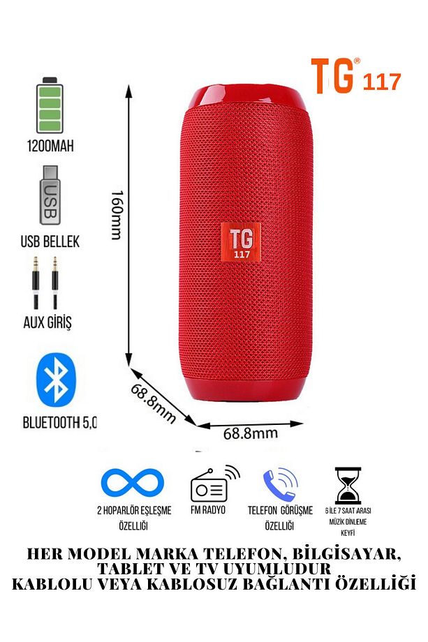 Extra Bass Bluetooth Hoparlör Taşınabilir Kablosuz Ses Bombası Kırmızı - 2