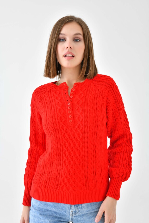 Kadın Düğmeli Örme Triko Kazak - 1