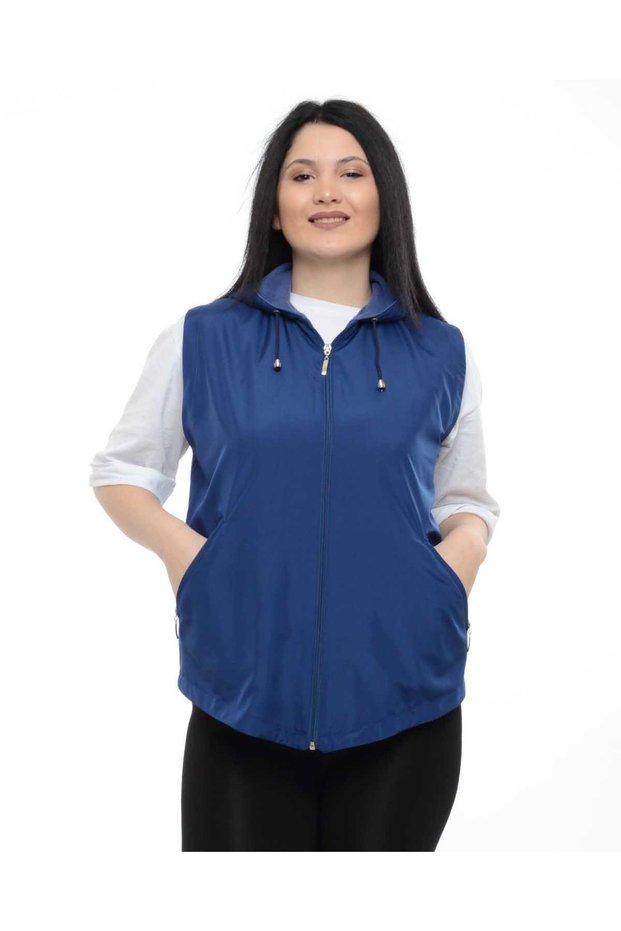 Women's Large Size Hooded Dark Blue Fleece Vest 1026