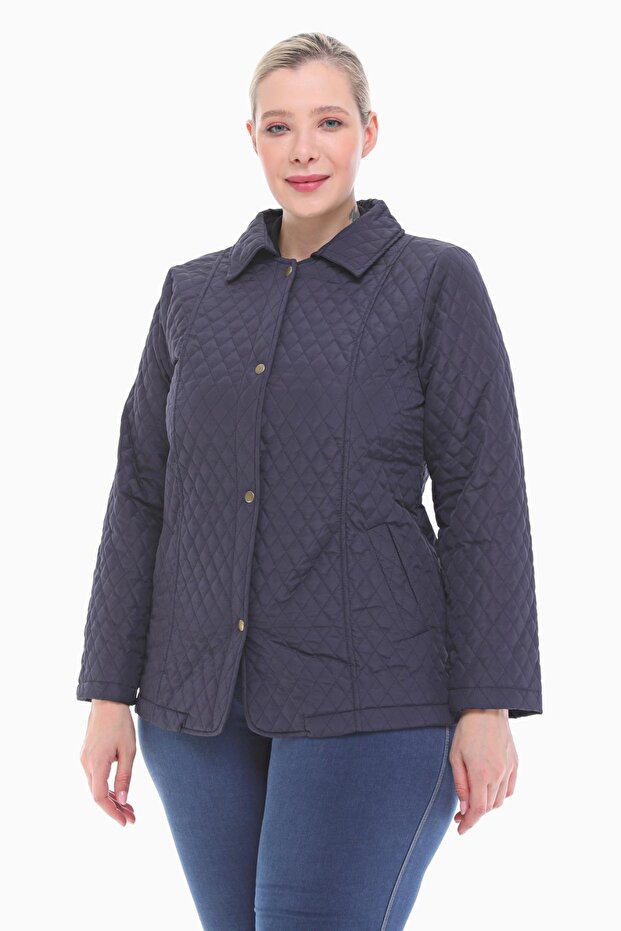 Women's Large Size Polo Collar Navy Blue Seasonal Quilted Coat 1030