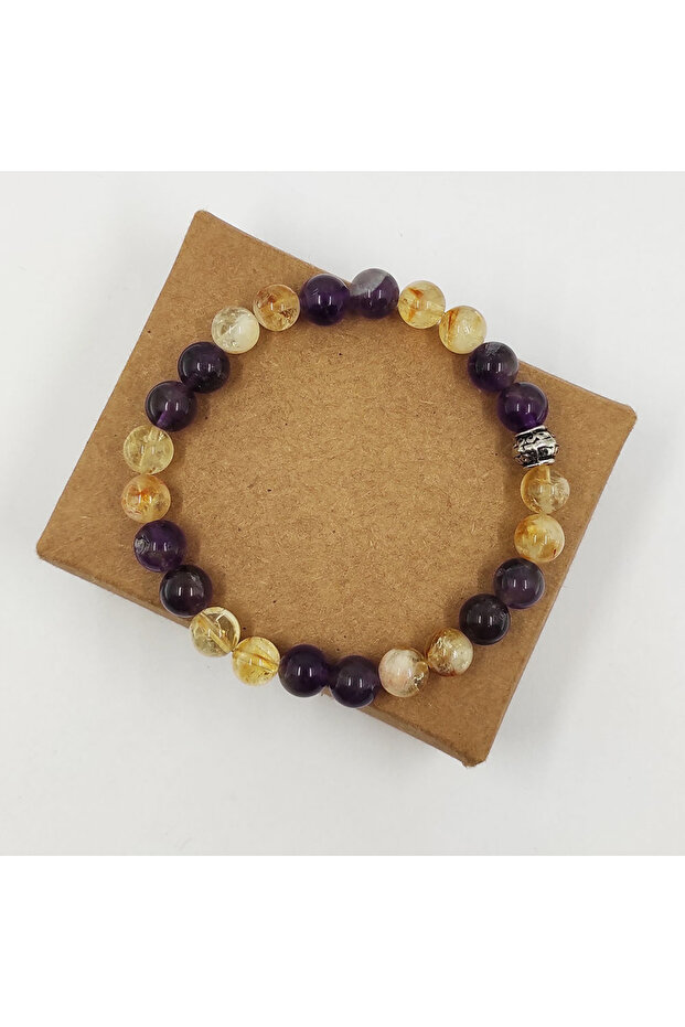 8 MM Natural Stone Bracelet with Citrine and Amethyst Gems