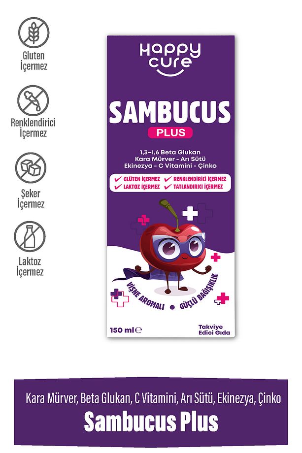 Sambucus Plus Vişne Aromalı Şurup 150 Ml (Kara Mürver, Beta Glukan, Ekinezya, Arı Sütü) - 2