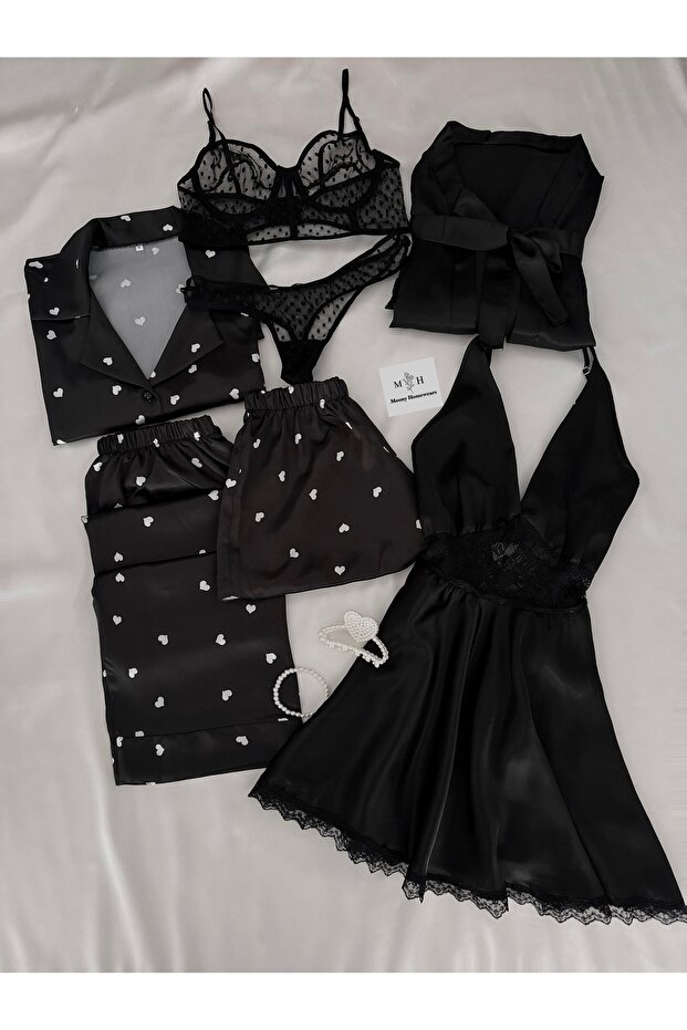 Boxed 7-Piece White Black Love Satin Pajamas Nightgown Underwear Dowry Set