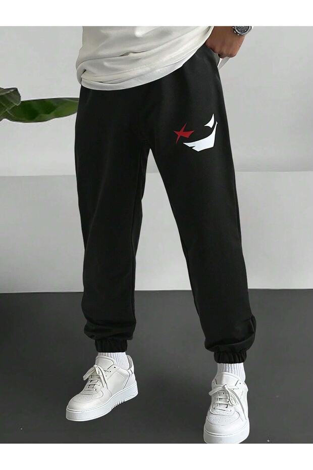 Sneaky Face Sweatpants Jogger - Black Printed Rubber Leg High Waist