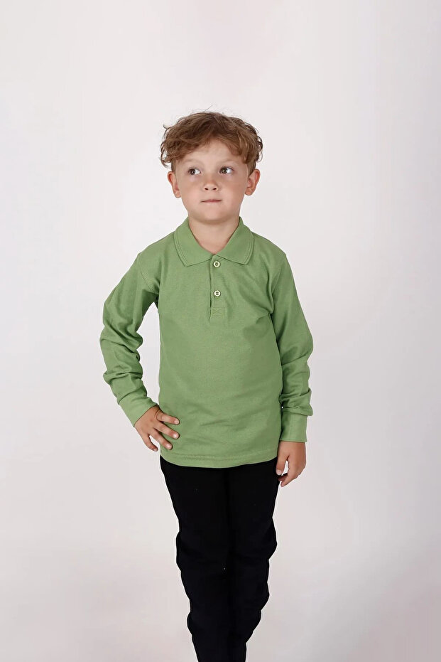 Unisex Polo Neck Long Sleeve Green T-shirt