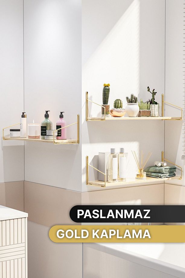 Mutfak Rafı Duvar Rafı Parlak Gold Kaplama Masif Ahşap Raf 2li Set Lüks Dekoratif Banyo Antre Rafı - 3