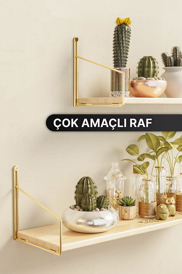 Mutfak Rafı Duvar Rafı Parlak Gold Kaplama Masif Ahşap Raf 2li Set Lüks Dekoratif Banyo Antre Rafı - 5