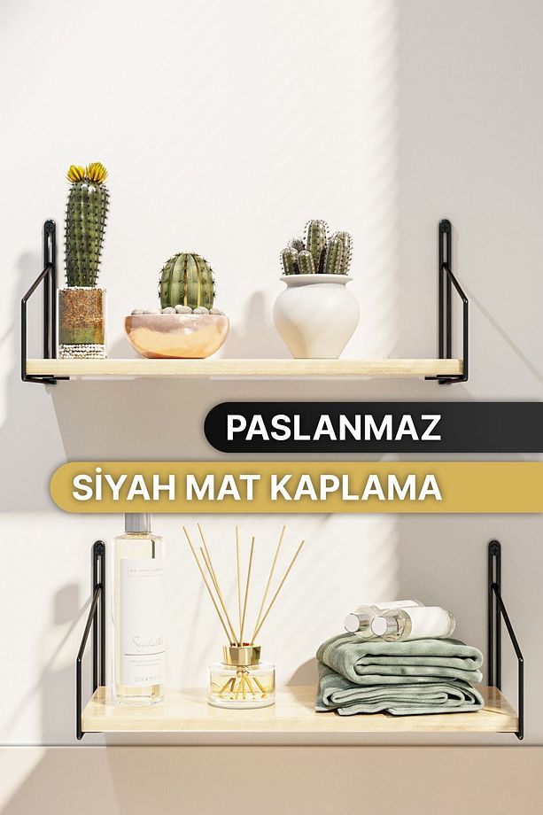 Raf Duvar Rafı Siyah Mat Boyalı Masif Ahşap Duvar Rafı 2li Set Lüks Dekoratif Banyo Mutfak Rafı - 2