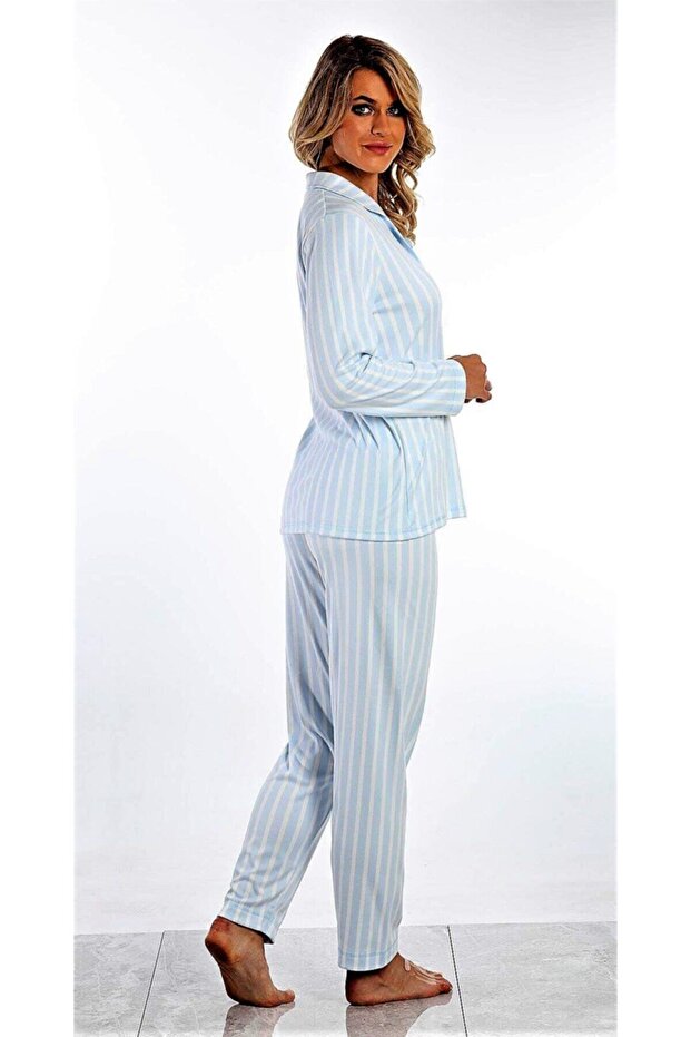 طقم بيجامة ناعمة بأزرار أمامية باللون الأزرق - 2