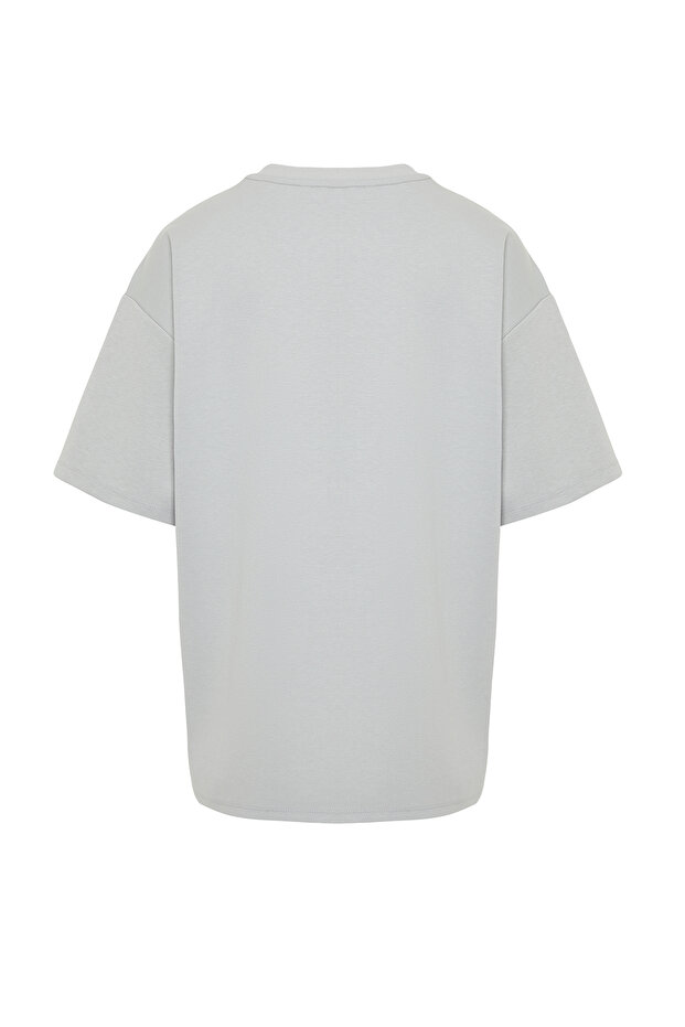 Gri Oversize/Geniş Kesim Yılan Nakışlı Kalın İnterlok T-Shirt TMNSS24TS00018 - 7