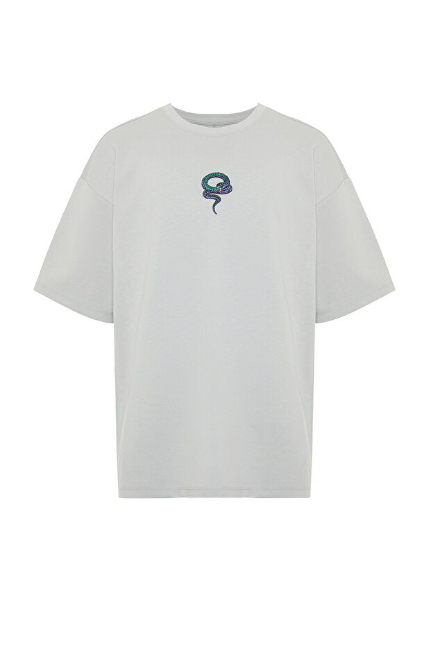 Gri Oversize/Geniş Kesim Yılan Nakışlı Kalın İnterlok T-Shirt TMNSS24TS00018 - 6