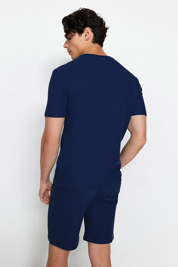 Lacivert Regular Fit Dokulu Örme Şortlu Pijama Takımı TMNSS23PT00032 - 9