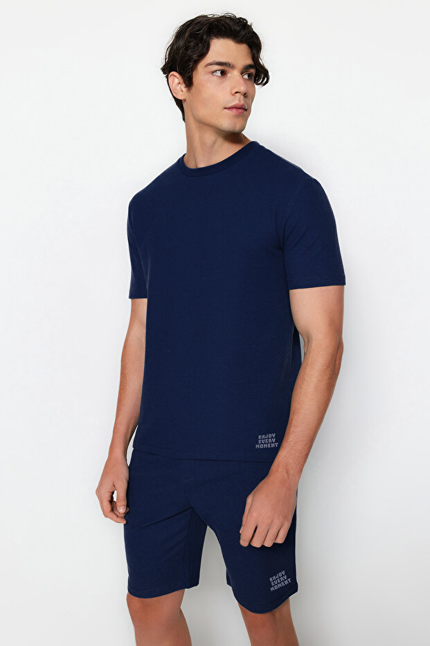 Lacivert Regular Fit Dokulu Örme Şortlu Pijama Takımı TMNSS23PT00032 - 7