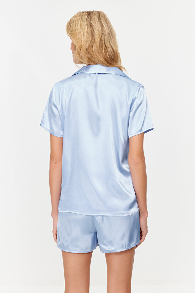 Mavi Saten Şortlu Dokuma Pijama Takımı THMSS24PT00118 - 7