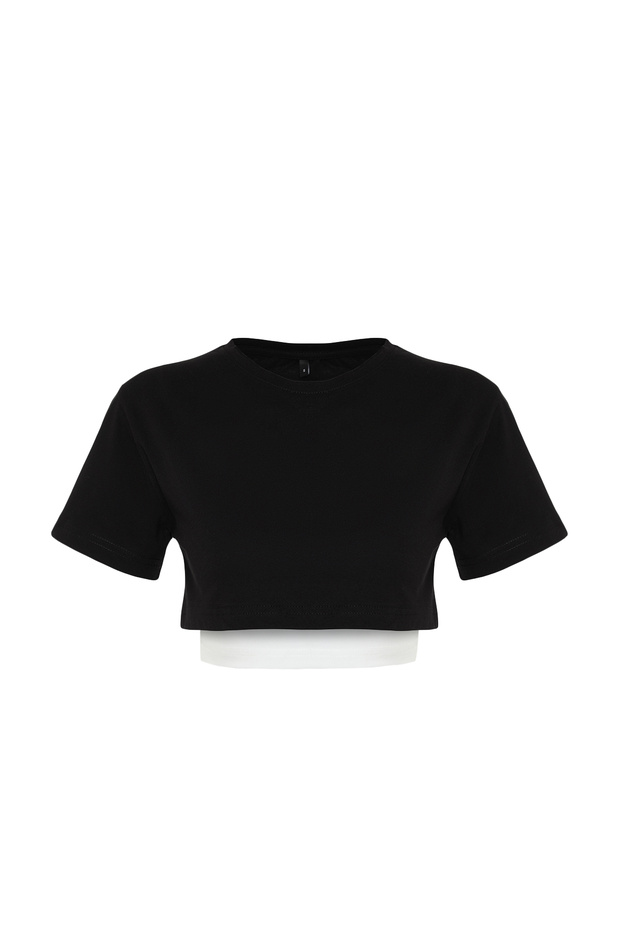 Siyah Beyaz 2 Katmanlı Reflektör Baskılı Crop Örme Spor T-Shirt THMSS24TS00001 - 7