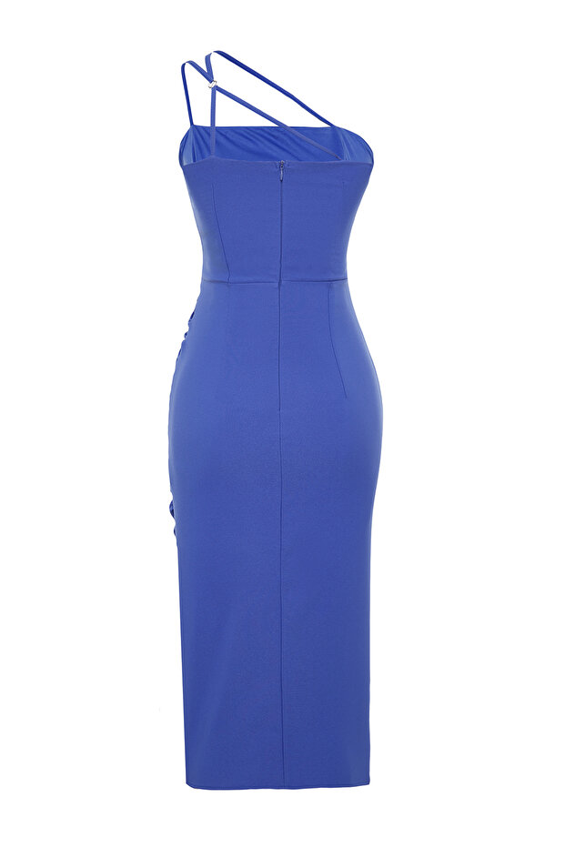 Mavi Drape Detaylı Dokuma Midi Şık Abiye Elbise TPRSS23EL00543 - 8
