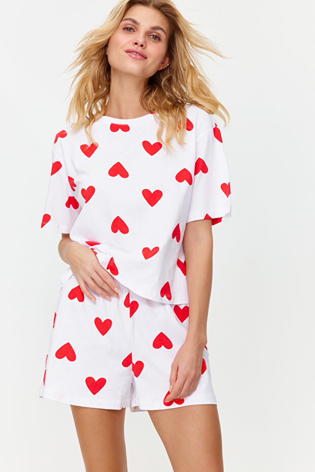 Beyaz %100 Pamuklu Kalpli Şortlu Örme Pijama Takımı THMSS24PT00029 - 4