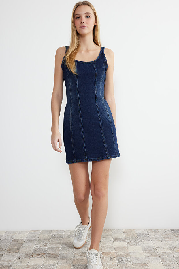 Mavi Dikiş Detaylı Fitted/Vücuda Oturan Mini Comfort/Esnek Denim Elbise TWOSS24EL00284 - 8