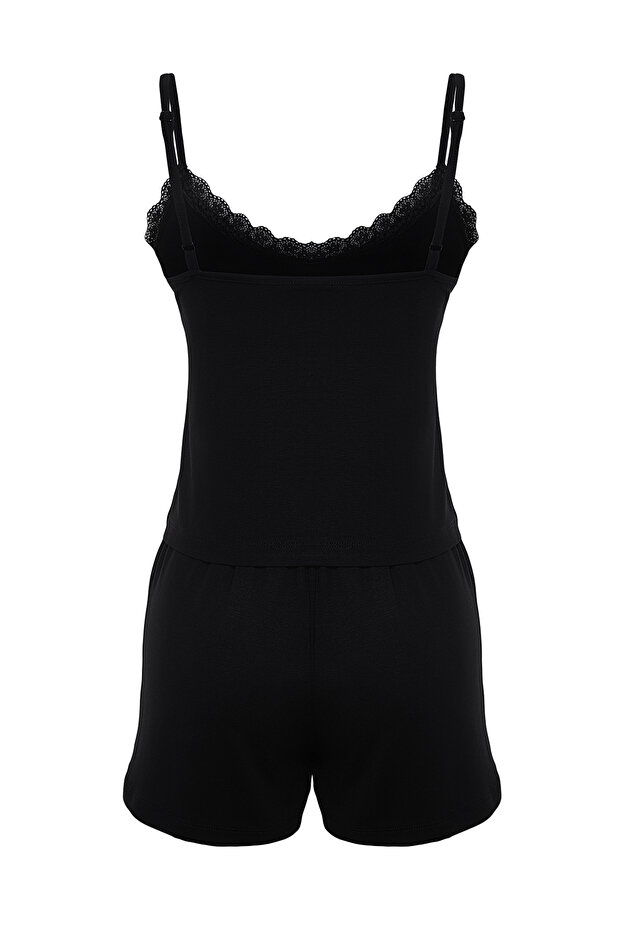 Siyah Dantelli İp Askılı Viskon Şortlu Örme Pijama Takımı THMSS24PT00007 - 8