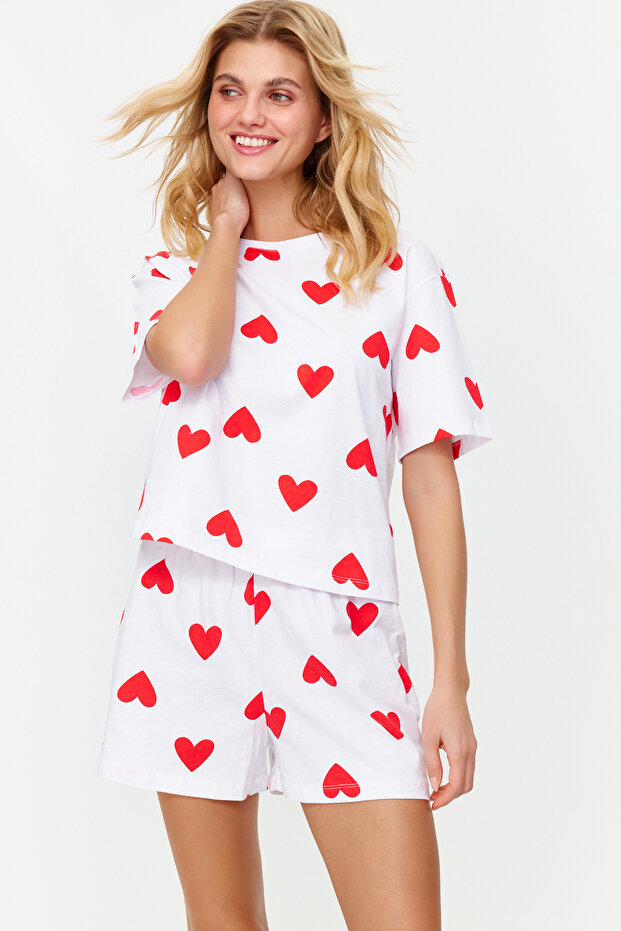 Beyaz %100 Pamuklu Kalpli Şortlu Örme Pijama Takımı THMSS24PT00029 - 3