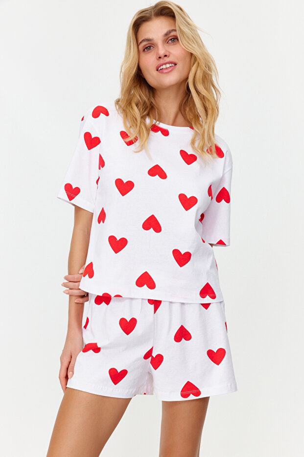Beyaz %100 Pamuklu Kalpli Şortlu Örme Pijama Takımı THMSS24PT00029 - 2
