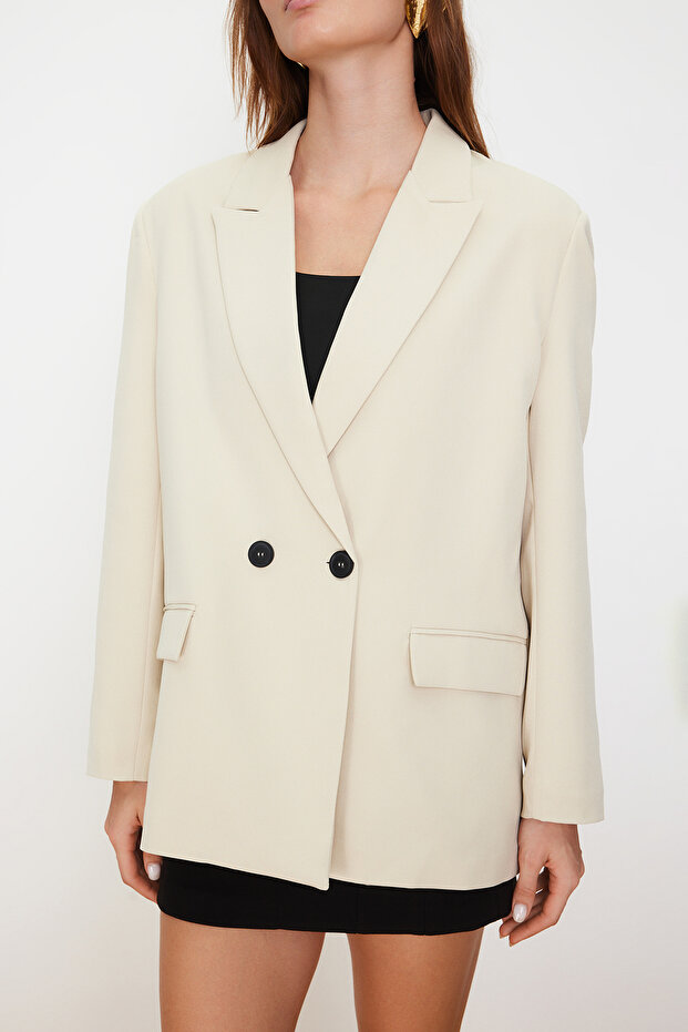 Taş Oversize Düz Kesim Basic Kruvaze Dokuma Blazer Ceket TWOSS24BC00028 - 7