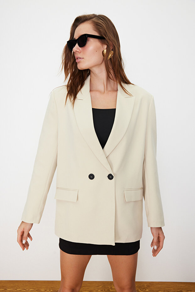 Taş Oversize Düz Kesim Basic Kruvaze Dokuma Blazer Ceket TWOSS24BC00028 - 4