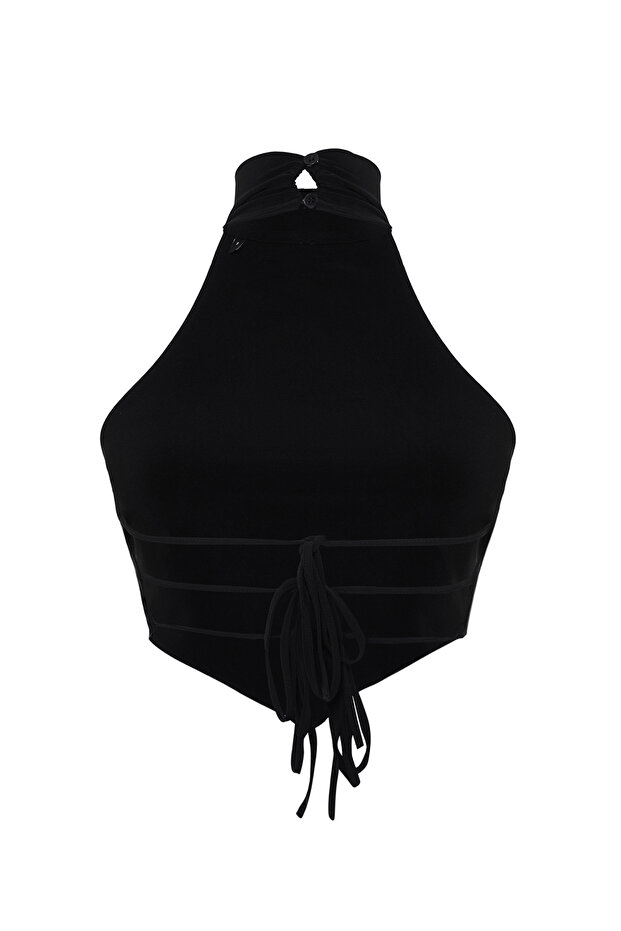 Siyah Dik Yaka Crop Sırt Detaylı Omzu Açık Örme Bluz TWOSS24BZ00203 - 8