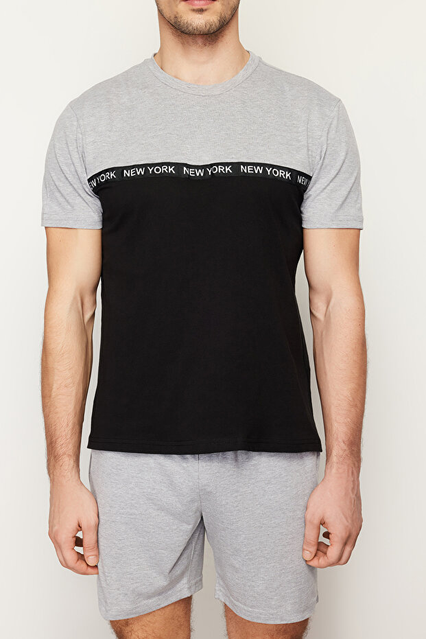 Siyah Gri Renk Bloklu Beli Lastikli Regular Fit Örme Şortlu Pijama Takımı TMNSS24PT00005 - 4
