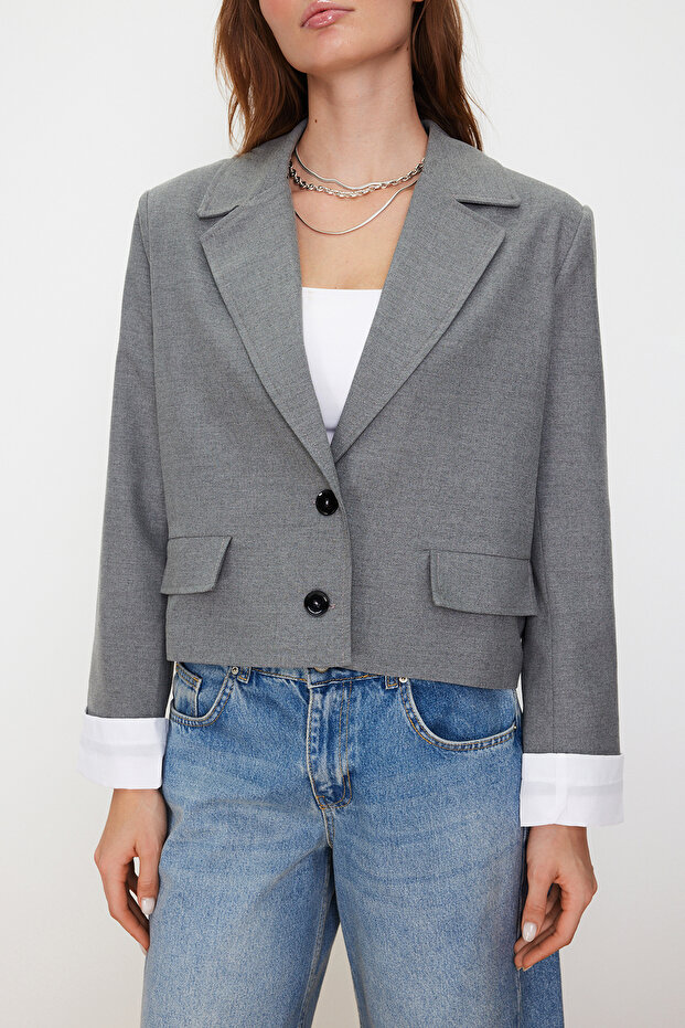 Antrasit Kolu Manşet Detaylı Dokuma Blazer Ceket TWOSS24BC00015 - 5
