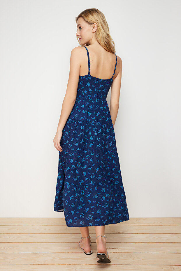 Indigo A Kesim Çiçek Desenli Boho Askılı Midi Dokuma Elbise TWOSS21EL1341 - 9