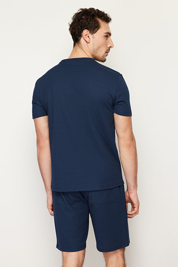 Lacivert Regular Fit Dokulu Örme Şortlu Pijama Takımı TMNSS23PT00032 - 5