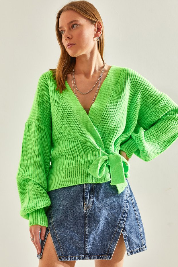 Women's Pistachio Green Thessaloniki Braided Tie Detail Balloon Sleeve Knitwear Cardigan Stk155