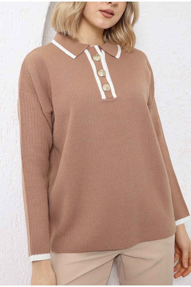 Women's Camel Ecru Buttoned Polo Collar Knitwear Sweater