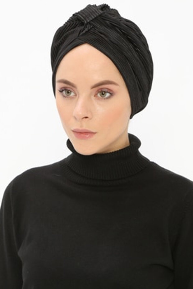 Bonnet Efruz Ready Turban Cross Banded Lined Hijab Bonnet Black Pleated Fabric Women's Bonnet