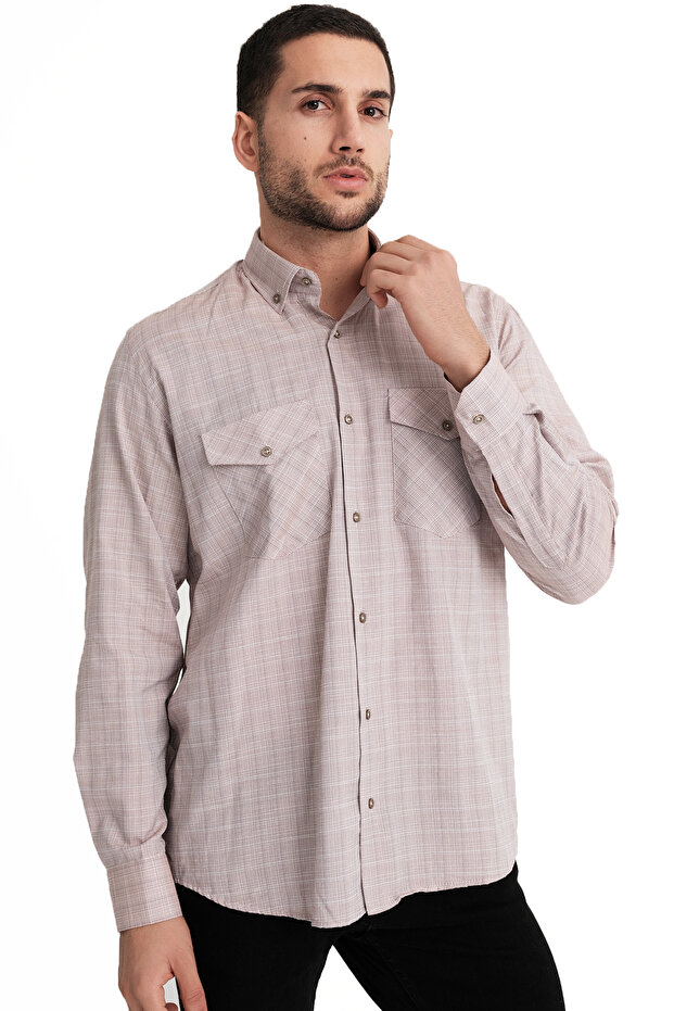 Men's Salmon Color Double Pocket Flap Long Sleeve Classic Cut Cotton Shirt