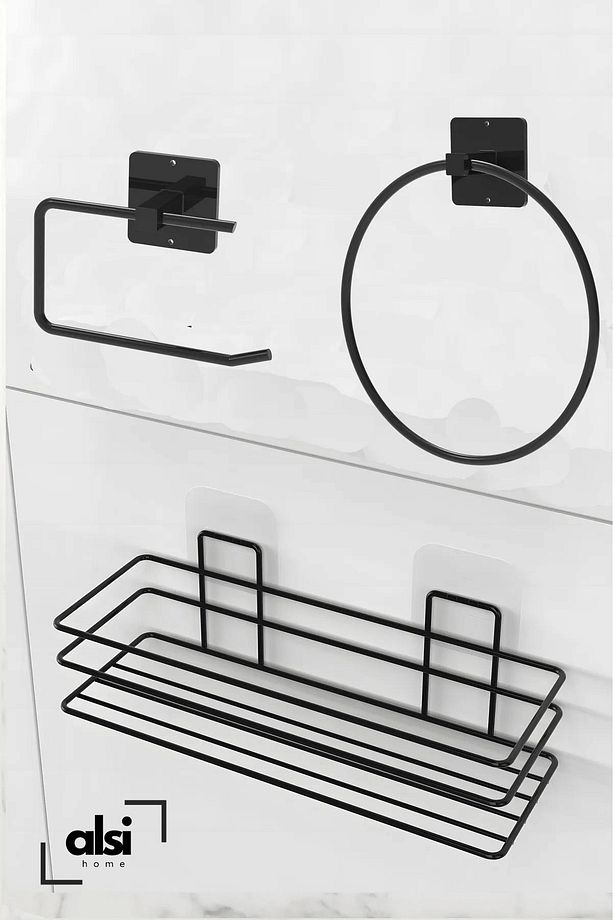 3'lü Set Yapışkanlı Banyo Düzenleyici Duşakabin Şampuanlık Banyo Rafı WC Kağıtlık ve Havluluk - 1