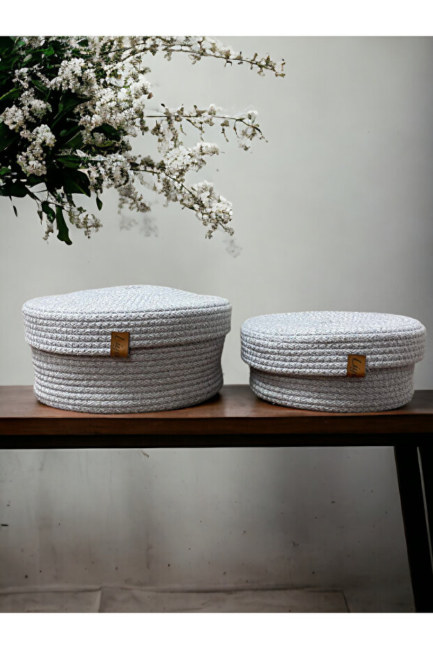 Natural Handmade 2-Piece Wicker Basket Set with Gray Covers - Organizer Set Made of Cotton Rope