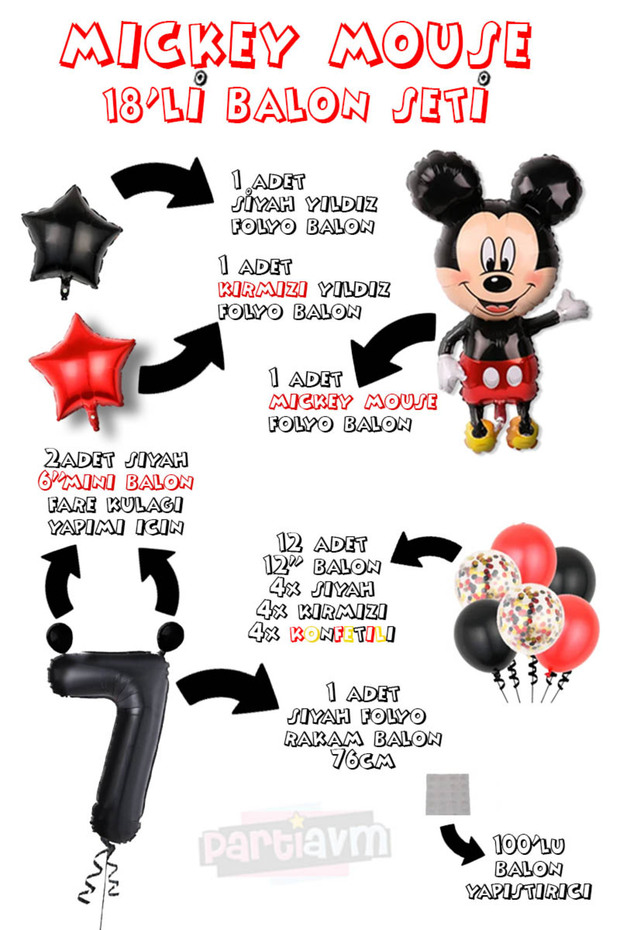 Mickey Mouse Patterned Black Number Balloon Set - Mini Mouse Themed - 2