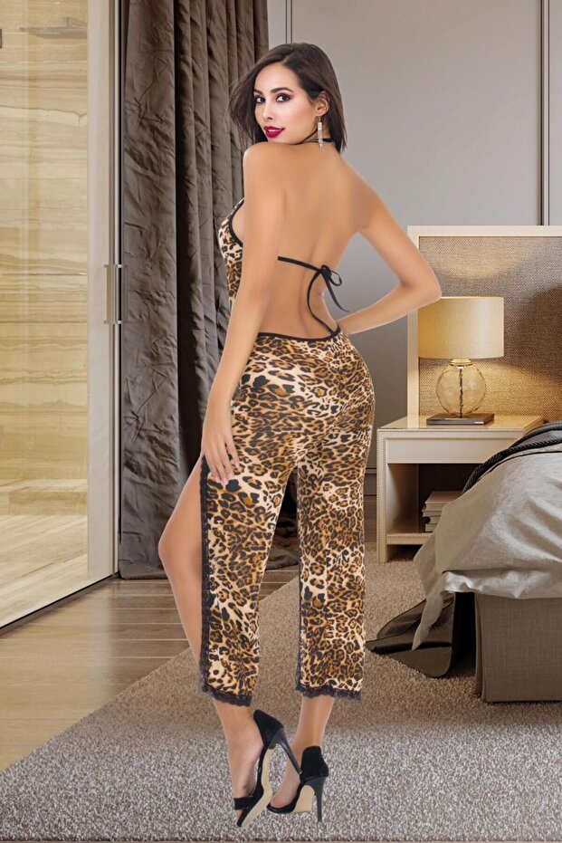 Long Leopard Patterned Women's Nightgown - Backless - 2