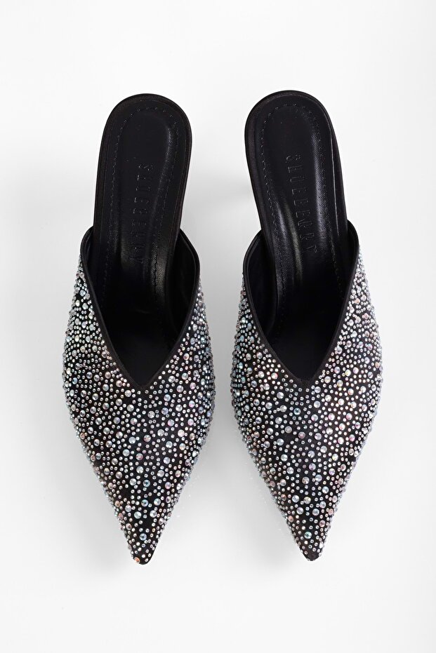 Női Corsage fekete szatén kő sarkú estélyi papucs - 3