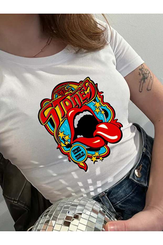 Y2K Street Style White Women's Colorful Rolling Stones Pattern Short Sleeve Crop Body
