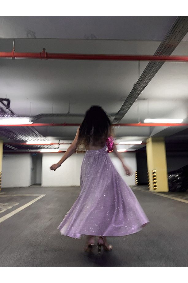 Özel Tasarım Toz Pembe Simli Midi Boy Elbise - 8